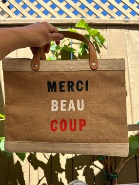 Merci Beau Coup Brown Jute Tote Bag with Leather Handles